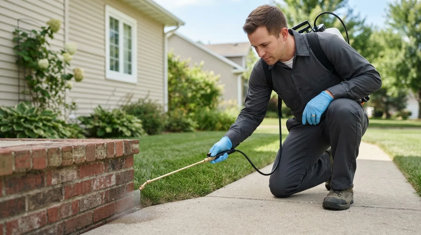 Pest control technician treating a home near New Hartford, CT