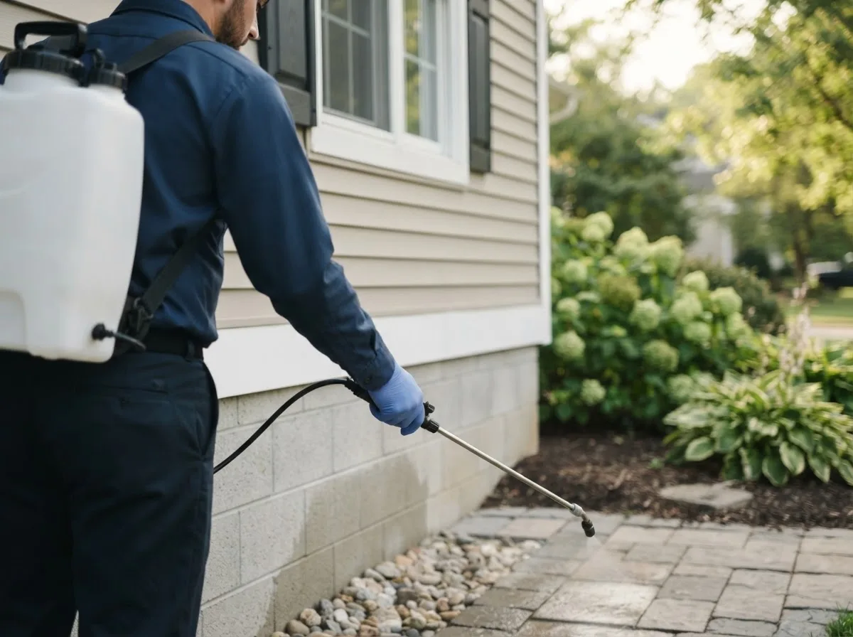 Pest control technician inspecting a home in New Hartford, CT